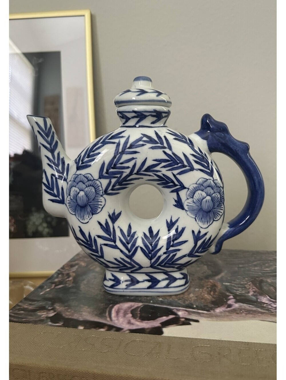 Vintage Chinese Blue & White Porcelain Chinoiserie Teapot Donut Shaped